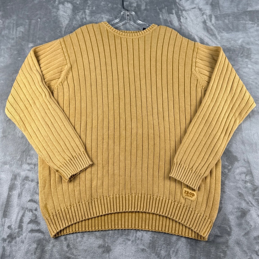 IZOD Jeans Sweater Mens L Ribbed Mustard Yellow Chunky Cotton EUC